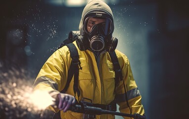 Exterminator in work wear spraying pesticide with sprayer, generative ai