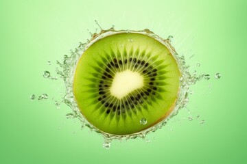  Half Kiwi Splashed with Water on Light Green Background, Highlighting the Vitamin-rich and Refreshing Qualities for Better Living