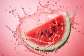  Watermelon Slice Splashed with Water on Light Pink Background, Emphasizing Diet Fruit's Vitamins and Health Benefits for Better Living