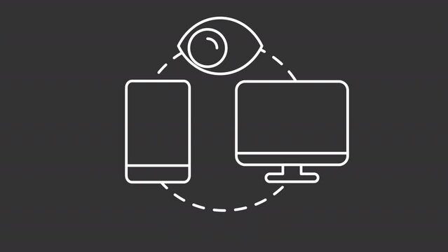Cross device track white animation. Connected devices and eye watching line animated icon. Targeted marketing. Isolated illustration on dark background. Transition alpha video. Motion graphic