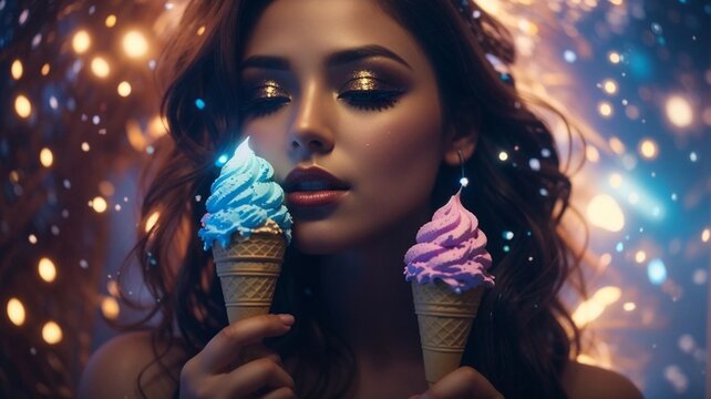 beautiful woman with eyes closed holding two ice cream cones