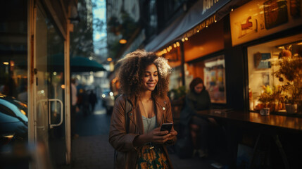 Young beautiful african american woman using mobile phone in evening city.