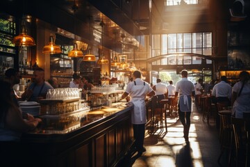 restaurant's ambiance with a bustling background. Diners savoring dishes, chefs passionately cooking, and attentive waiters creating a lively scene Generative ai