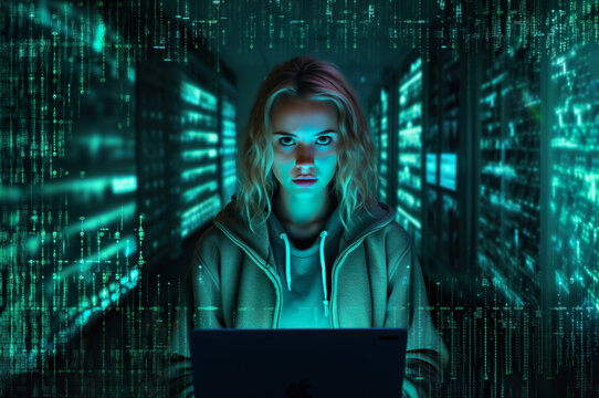 AI generated image of young woman on laptop as hacker