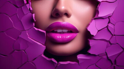 Beautiful plump bright lips in the style of purple and pink, conceptual pop, cut/ripped into the slit of colored paper.
