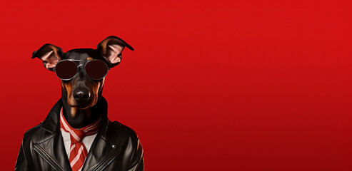 A studio portrait of a funky doberman dog wearing a black leather jacket, aviator sunglasses on a seamless red background, copy space for text. Generative AI technology