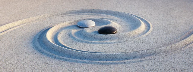 Poster Im Rahmen Yin Yang symbol. Motive made of stones and lines in the sand - 3D illustration © peterschreiber.media