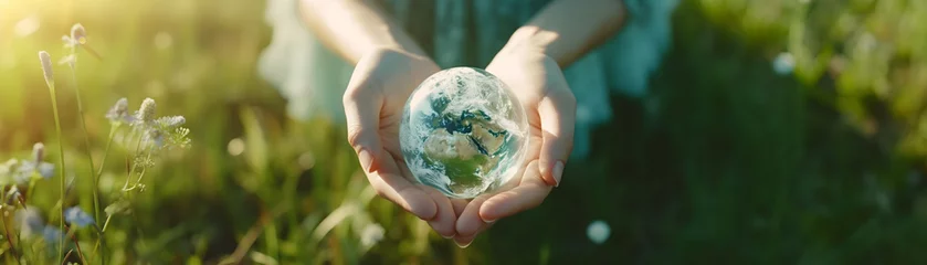 Foto op Canvas Woman hand holding earth, save planet, earth day, sustainable living, ecology environment, climate emergency action, world environment day concept, illustration for global warming content © LAONG