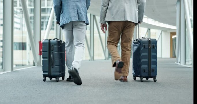 Travel luggage, business people and legs at airport with suitcase and bag for work and holiday. Walking, group and traveler with job commute and corporate professional in lobby with vacation baggage - Powered by Adobe