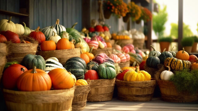 Colorful pumpkins and squashes in a basket on wooden background