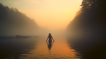 woman in river sunset