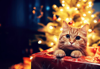 Adorable kitten, cat peeping out from Christmas gift present
