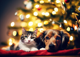 Fototapeta na wymiar Dog and cat lying together on Christmas glitter lights background