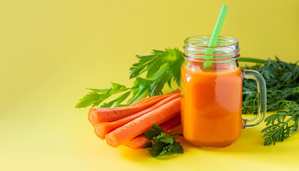 Organic carrot juice with carrots, celery on yellow background. Vegetable smothie in glass jar. Copy space. Summer food concept. Healthy detox eating, alkaline diet