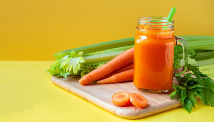 Organic carrot juice with carrots, celery on yellow background. Vegetable smothie in glass jar. Copy space. Summer food concept. Healthy detox eating, alkaline diet