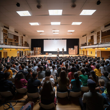 Community and shared experiences - a panoramic view of a school assembly hall during an event