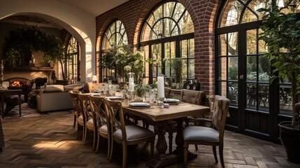 Fototapeta na wymiar A luxurious dining area with a polished parquet floor and a decorative brick archway, exuding sophistication Generative AI