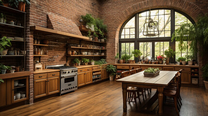 Fototapeta na wymiar An inviting kitchen with brick walls, wooden parquet flooring, and vintage-inspired decor Generative AI