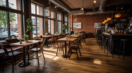 A trendy café with a chic brick feature wall and a stylish parquet floor, perfect for coffee enthusiasts Generative AI