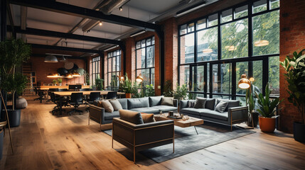 A modern office space with a mix of brick and parquet, creating a contemporary yet cozy work environment Generative AI