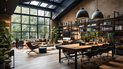 Fototapeta premium A modern office space with a mix of brick and parquet, creating a contemporary yet cozy work environment Generative AI