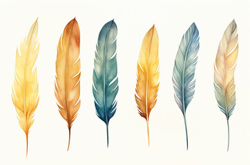 Watercolor bird feathers. Colored boho feathers