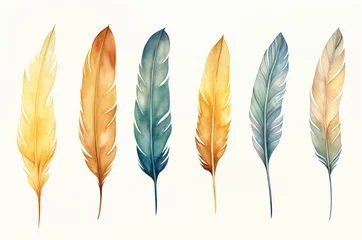 Keuken foto achterwand Veren Watercolor bird feathers. Colored boho feathers