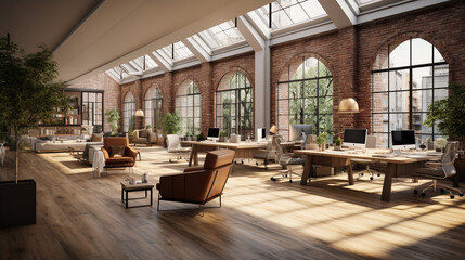 A modern office space with a mix of brick and parquet, creating a contemporary yet cozy work environment Generative AI