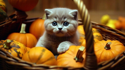 Cute kitten in a basket with pumpkins. Selective focus.
