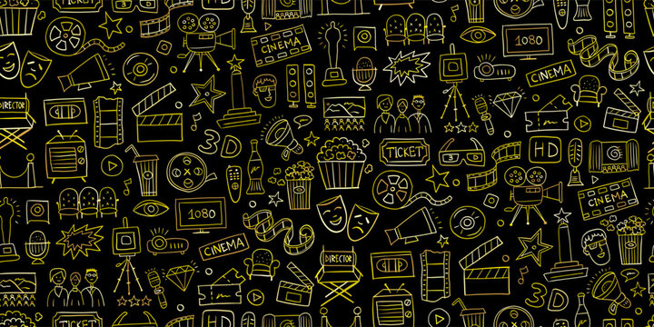 Cinema, film movie watching. Vintage seamless pattern background for your design