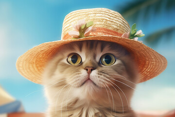 Smiling cat with straw hat enjoying summer