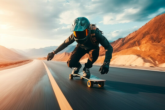 A young man in a helmet and a suit in a special rack rides a longboard on an afsolt against the backdrop of mountains and a beautiful sky