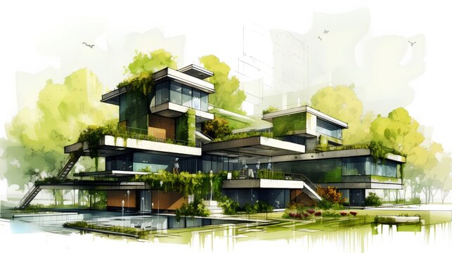 An environmentally conscious architectural project, green building design. The principles of sustainability, striving for efficient use of resources and minimal environmental impact. Generative AI
