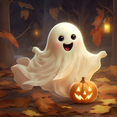 Halloween cute ghost with jack lantern pumpkin. Funny childish spirit design. Holiday treak or treat illustration
