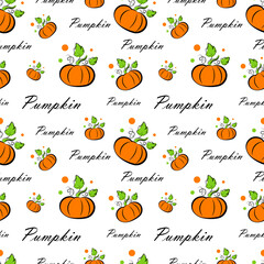 Seamless texture with orange pumpkins on a white background. Vector illustration in doodle style.