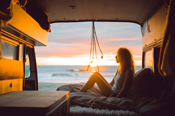 Beach scene and girl inside the camper van at sunset.