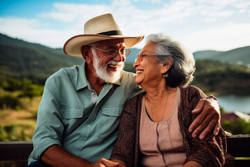 An elderly Hispanic couple outdoors, smiling during their retirement.