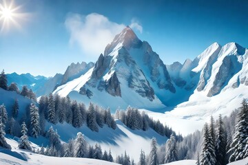 A majestic mountain peak covered in snow, surrounded by breathtaking alpine scenery