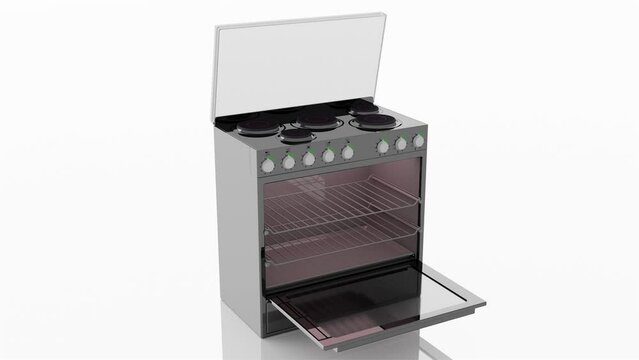 Filmato. Illustrazione 3D. Elettrodomestici : cucina, fornelli. Isolato su sfondo bianco. Illustrazione 3D.