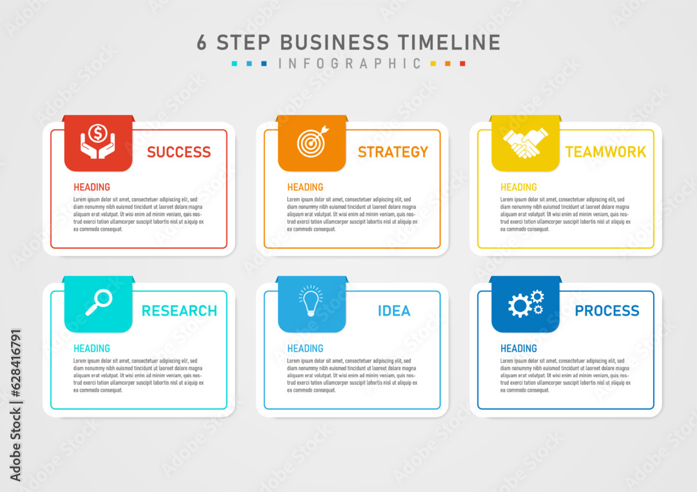 Wall mural infographic template 6 steps business plan to success white squares and multi colored outlines with 