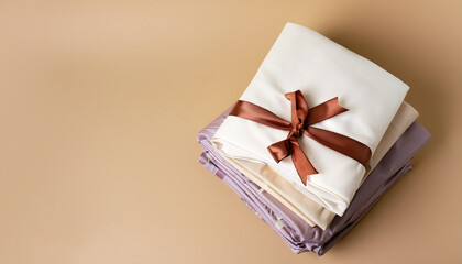 Stack of clean bed sheets with bow for present or gift on beige background. Top view. Copy space.
