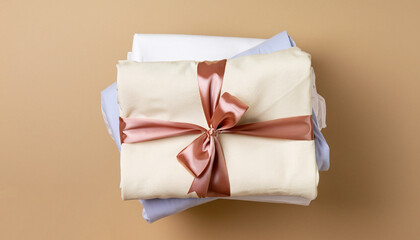 Stack of clean bed sheets with bow for present or gift on beige background. Top view. Copy space.