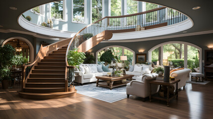 Obraz na płótnie Canvas living room, staircase to loft, landing, white and beige colors, modern, mininal, interior design Generative AI