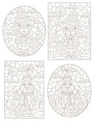 Fototapeta premium Set of contour illustrations of stained glass Windows on the theme of winter holidays, funny cartoon dogs on the background of winter landscapes, dark outlines on a white background