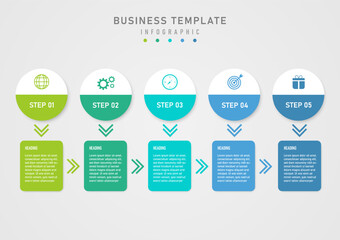 infographic 5 steps multi colored half circle business The white top has icons, the bottom has letters. Multi-colored squares below with letters in the middle. gray gradient background