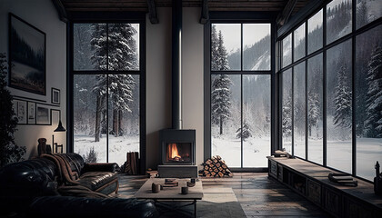 Living Room Interior With Fireplace And Forest Mountains Outside The Big Windows - Generative AI