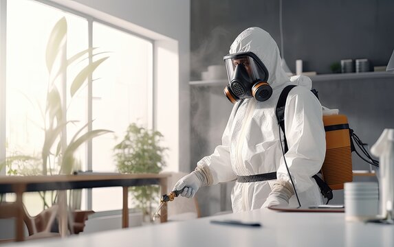 Pest control contractor in white special uniform and mask working in an apartment, generative ai
