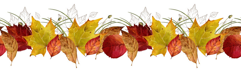 Seamless pattern of autumn fallen dry leaves. Maple leaf pattern. Watercolor illustration in offset technique for the design of invitations, cards, textiles, banners.