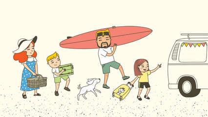 A family preparing for travel and vacation. Loading the surfboard into the car. Families carrying suitcases and luggage. Dogs also accompany them.