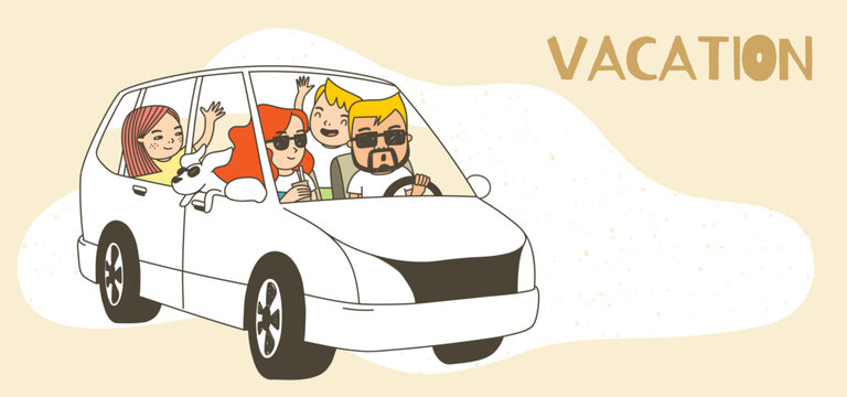 Travel and vacation with family. Families travel by car together. driver wearing sunglasses.